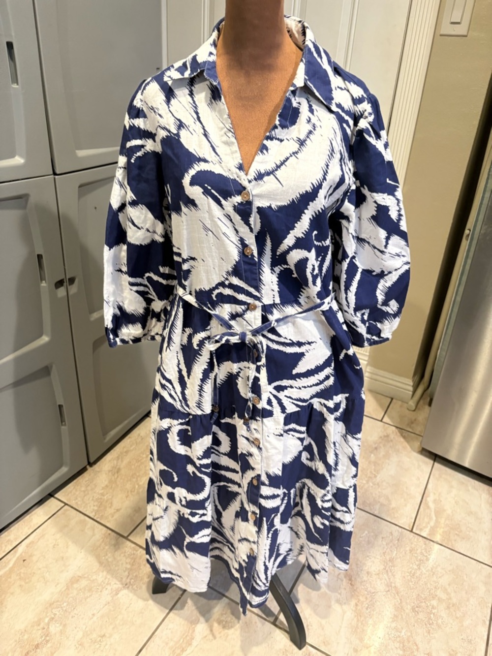 Mlle Gabrielle Blue and White Printed Button-Front Dress